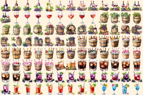 Alcoholic Drinks Watercolor Clipart Bundle - 690+ transparent PNG, Liquor cocktail illustrations, Drink png, Commercial use,Digital download