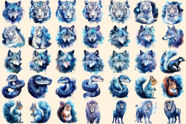 Celestial Animals Watercolor Clipart Bundle - 225+ transparent PNG, Cosmic animal graphics, Galactic art, Commercial use, Digital download