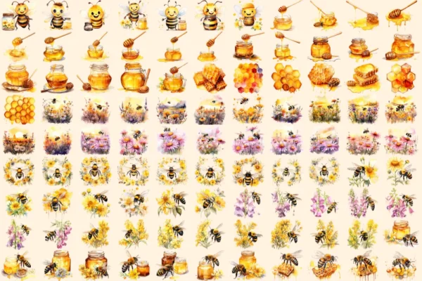 Bumblebees Watercolor Clipart Bundle - 645+ transparent PNG, Honey insect illustrations, Buzzing bee png, Commercial use, Digital download