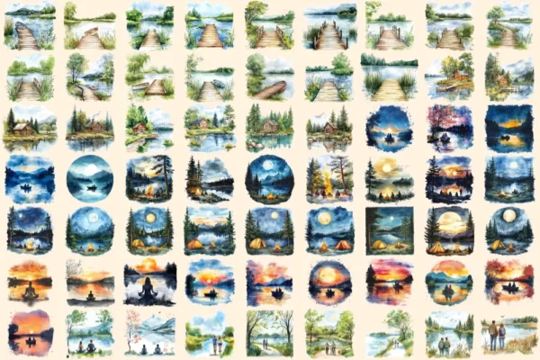 Spring Lakes Watercolor Clipart Bundle - 430+ transparent PNG, Peaceful lake graphics, Soothing scenic png, Commercial use, Digital download