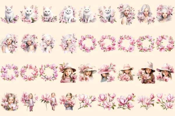 Magnolia Watercolor Clipart Bundle - 234+ transparent PNG, Botanical floral illustrations, Blossom images, Commercial use, Digital download