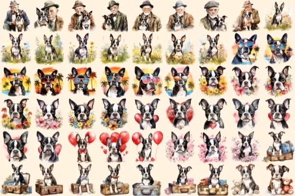 Boston Terriers Watercolor Clipart Bundle - 345+ transparent PNG, Boston puppy illustrations, Cute dog png, Commercial use, Digital download