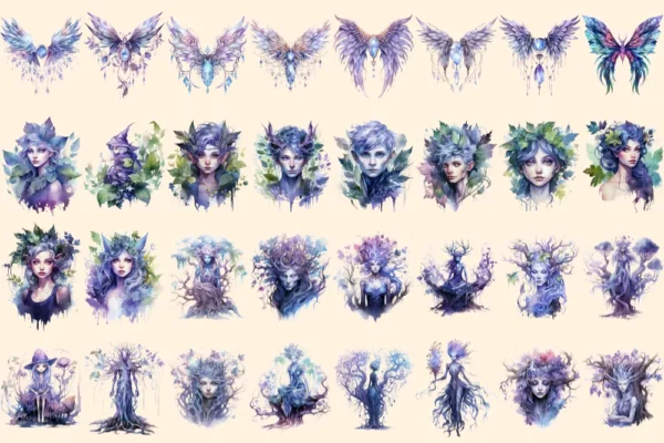 Nightforest Fairies Watercolor Clipart Bundle - 197+ transparent PNG, Magical illustrations, Fantasy images, Commercial use,Digital download