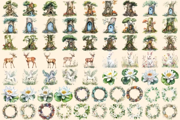 Whispering Woods Watercolor Clipart Bundle - 440+ transparent PNG, Mystical forest graphics, Enchanted art, Commercial use, Digital download