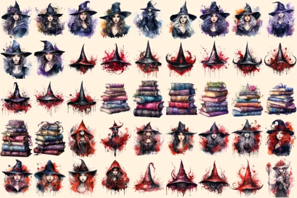 Gothic Witches Watercolor Clipart Bundle - 295+ transparent PNG, Fantasy fairytale graphics, Enchanting png, Commercial use,Digital download