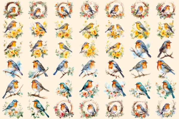 Robins Watercolor Clipart Bundle - 280+ transparent PNG, Delightful bird graphics, Adorable robin images, Commercial use, Digital download