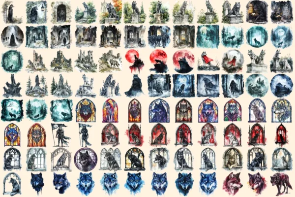 Gothic Wolves Watercolor Clipart Bundle - 630+ transparent PNG, Enigmatic lycan graphics, Shadowy wolf art, Commercial use, Digital download