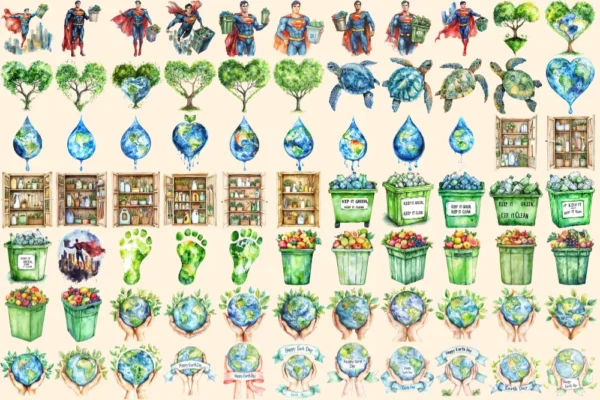 Earth Day Watercolor Clipart Bundle - 503+ transparent PNG, Eco-Friendly graphics, Planet care png images, Commercial use, Digital download