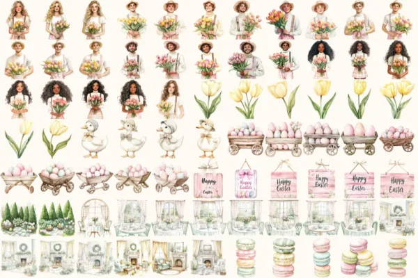 Happy Easter Watercolor Clipart Set - 510+ transparent PNG, Cozy spring illustrations, Cute egg graphics, Commercial use, Digital download