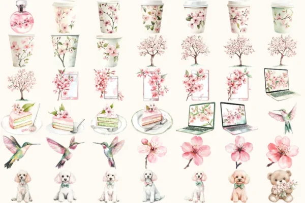 Spring Planner Watercolor Clipart Set - 290+ transparent PNG, Planner girl illustrations, Bookish images, Commercial use, Digital download