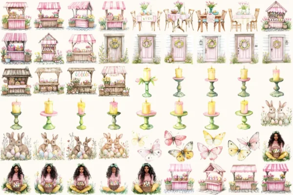 Joyful Easter Watercolor Clipart Set - 355+ transparent PNG, Spring bunnies eggs graphics, Easter joy art, Commercial use, Digital download