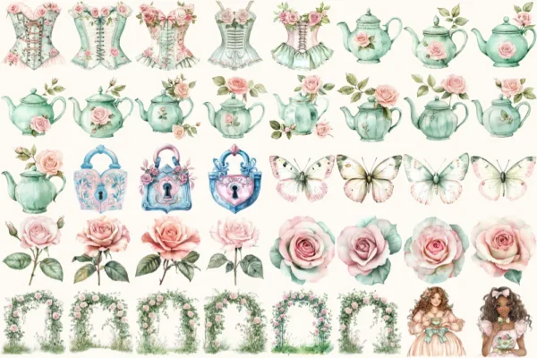 Secret Garden Watercolor Clipart Set - 275+ transparent PNG, Garden tea party graphics, Spring greenery art, Commercial use,Digital download