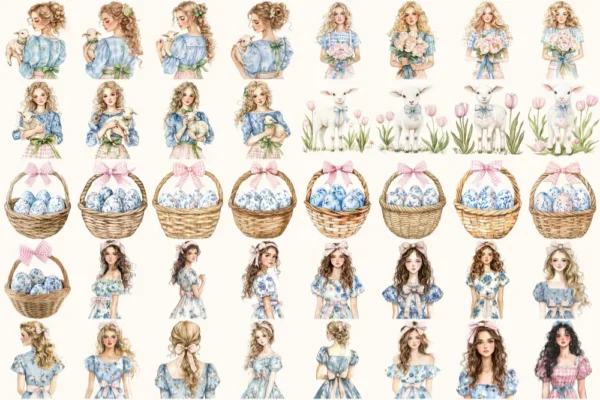 Grandmillenial Easter Watercolor Clipart Set - 260+ transparent PNG, Easter toile graphics, Chinoiserie png, Commercial use,Digital download