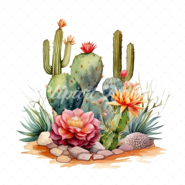 20 High-Quality Desert Cacti Clipart - Desert cacti digital watercolor JPG instant download for commercial use - Digital download