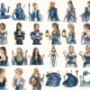 Celestial Elf Watercolor Clipart Set - 215+ transparent PNG, Magical nightscape graphics, Cosmic stars art, Commercial use, Digital download