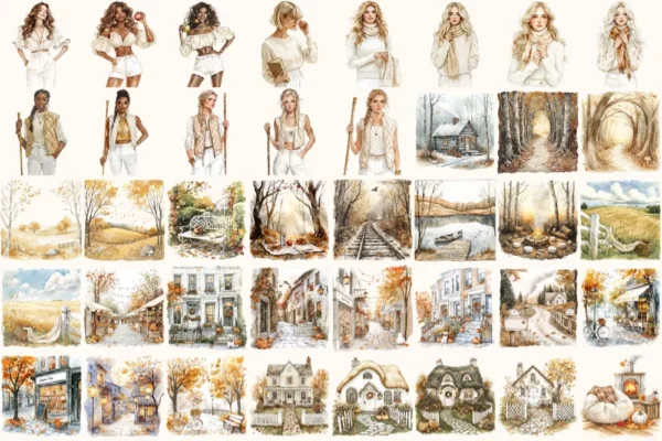 Lovely Autumn Watercolor Clipart Set - 250+ transparent PNG, Pumpkin season graphics, Girl with book images, Commercial use,Digital download