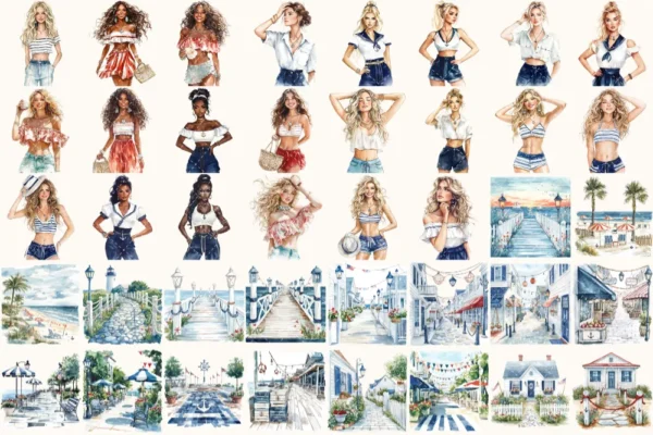 Summer Anchor Watercolor Clipart Set - 260+ transparent PNG, Seaside coastal graphics, Summertime images, Commercial use, Digital download