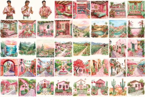 Viva Mexico Watercolor Clipart Set - 240+ transparent PNG, Mexican fiesta graphics, Cinco de mayo party art, Commercial use,Digital download