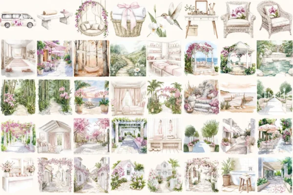 Orchid Resort Watercolor Clipart Set - 245+ transparent PNG, Spa resort illustrations, Summer travel art, Commercial use, Digital download