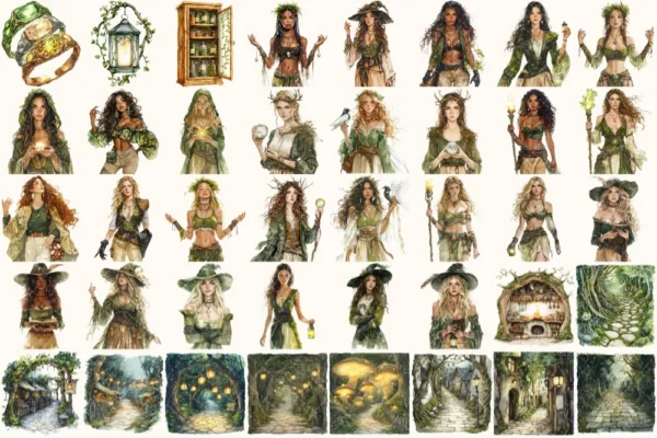 Gravemoss Witch Watercolor Clipart Set - 265+ transparent PNG, Mystic forest graphics, Witchy fantasy art, Commercial use, Digital download