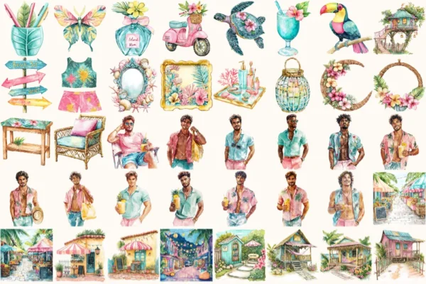 Tropical Island Rhythms Watercolor Clipart Set - 268+ transparent PNG, Seaside graphics, Tropical summer, Commercial use, Digital download