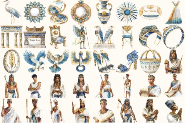 Amentas Whisper Watercolor Clipart Set - 275+ transparent PNG, Ancient egypt illustrations, Pharaohs art, Commercial use, Digital download