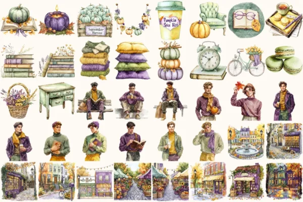 Autumn Notions Watercolor Clipart Set - 265+ transparent PNG, Artistic autumn graphics, Falling leaves art, Commercial use, Digital download