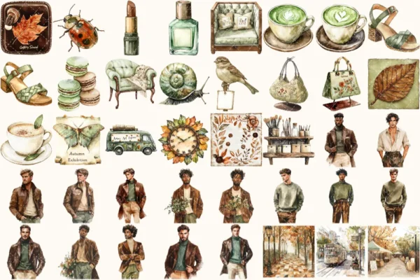 Autumn Gallery Watercolor Clipart Set - 272+ transparent PNG, Fall fashion graphics, Autumn museum images, Commercial use, Digital download