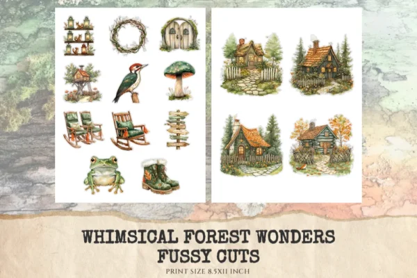 Whimsical Forest Wonders Fussy Cuts - Woodland, Forest, Animal, Collage sheets, Digital Sticker, Ephemera, Junk Journal Kit,Digital download