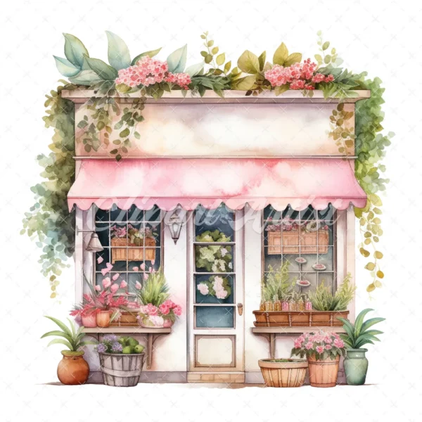 20 High-Quality Floral Storefronts Clipart - Storefronts digital watercolor JPG instant download for commercial use - Digital download