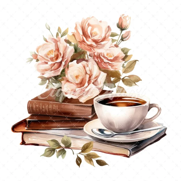 20 High-Quality Floral Coffee Books Clipart - Coffee books digital watercolor JPG instant download for commercial use - Digital download