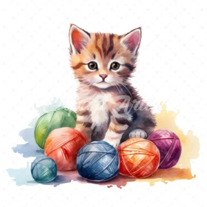 20 High-Quality Knitting Kitten Clipart - Knitting kitten digital watercolor JPG instant download for commercial use - Digital download