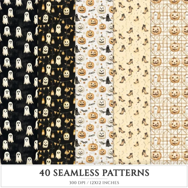 Cozy Haunt Seamless Patterns, Spooky autumn JPEG, Ghosts pattern, Witch hat, Bones, Pumpkin repeating pattern, Digital scrapbook paper