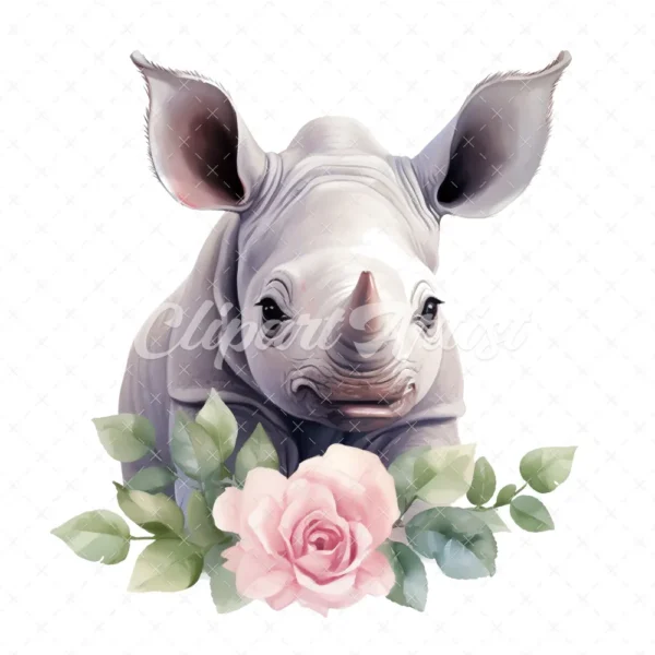 20 High-Quality Baby Rhino Clipart - Baby rhino digital watercolor JPG instant download for commercial use - Digital download