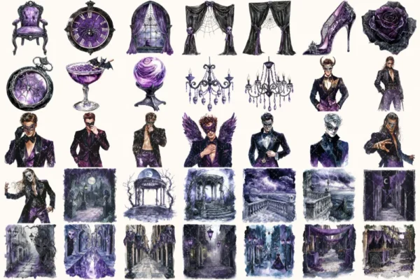 Haunted Masquerade Watercolor Clipart Set - 230+ transparent PNG, Spooky halloween graphics, Gothic images, Commercial use, Digital download