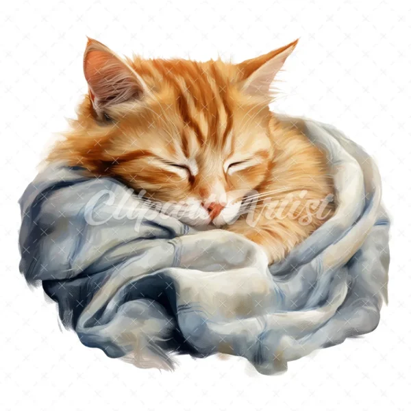 20 High-Quality Cat Sleeping in Shawl Clipart - Sleeping Cat digital watercolor JPG instant download for commercial use - Digital download