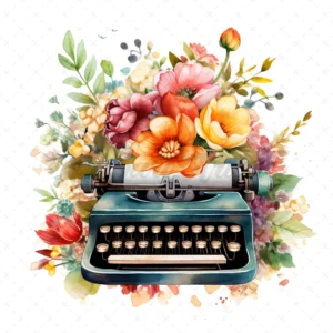 20 High-Quality Floral Typewriters Clipart - Floral Typewriter digital watercolor JPG instant download for commercial use - Digital download