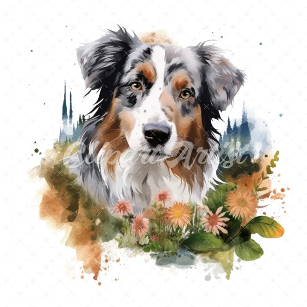 20 High-Quality Australian Shepherd Clipart - Shepherd dog digital watercolor JPG instant download for commercial use - Digital download
