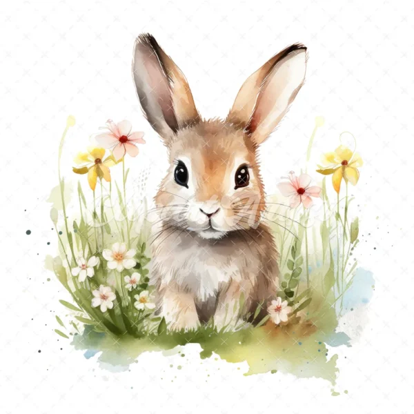 20 High-Quality Bunny in a Meadow Clipart - Bunny meadow digital watercolor JPG instant download for commercial use - Digital download
