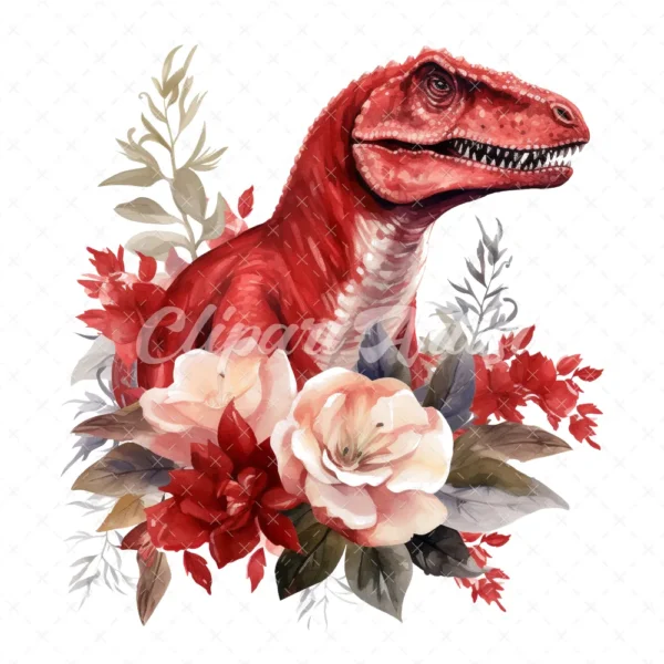 20 High-Quality Red Floral Dinosaur Clipart - Red dinosaur digital watercolor JPG instant download for commercial use - Digital download