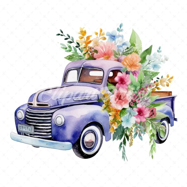 19 High-Quality Floral Truck Clipart - Floral truck digital watercolor JPG instant download for commercial use - Digital download