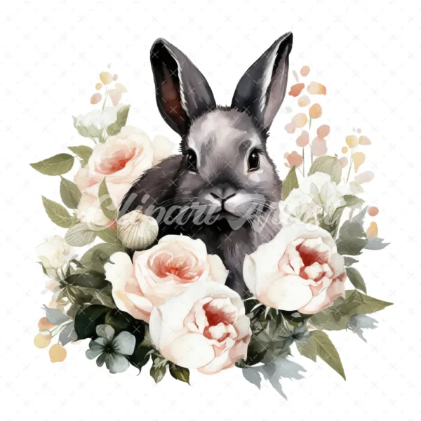 20 High-Quality Black Bunny With White Roses Clipart - Bunny digital watercolor JPG instant download for commercial use - Digital download