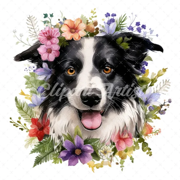 20 High-Quality Floral Border Collie Clipart - Border collie digital watercolor JPG instant download for commercial use - Digital download