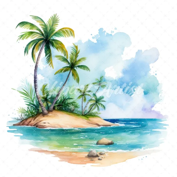 20 High-Quality Tropical Beach Clipart - Tropical beach digital watercolor JPG instant download for commercial use - Digital download