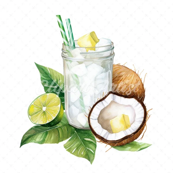 20 High-Quality Coconut Drink Clipart - Coconut drink digital watercolor JPG instant download for commercial use - Digital download