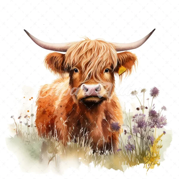 19 High-Quality Highland Cow in Grass Clipart - Highland cow digital watercolor JPG instant download for commercial use - Digital download