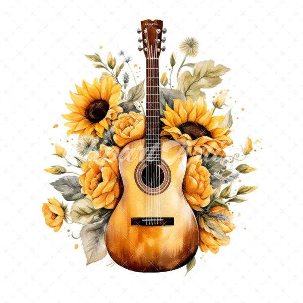 20 High-Quality Sunflowers Guitars Clipart - Sunflowers guitar digital watercolor JPG instant download for commercial use - Digital download