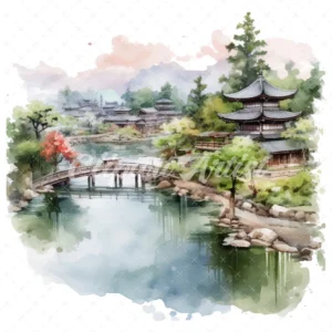 19 High-Quality Japanese Village Clipart - Japanese village digital watercolor JPG instant download for commercial use - Digital download