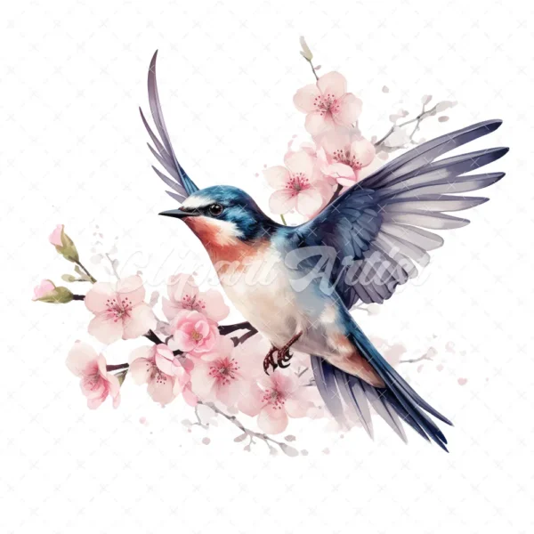 20 High-Quality Floral Swallow Clipart - Floral swallow digital watercolor JPG instant download for commercial use - Digital download