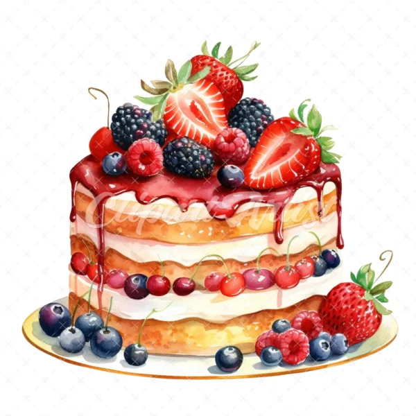 20 High-Quality Birthday Fruit Cake Clipart - Fruit cake digital watercolor JPG instant download for commercial use - Digital download